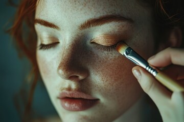 Close-up of a redhead's eye being delicately adorned with golden eyeshadow using a brush.