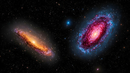 Two Spiral Galaxies in Deep Space: A Cosmic Dance of Pink, Blue, and Orange