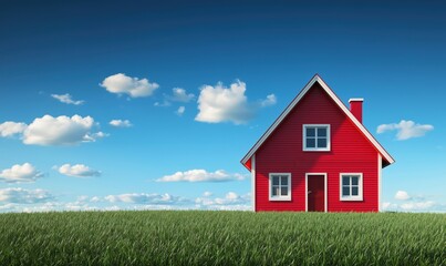 Red house on green grass under blue sky with clouds