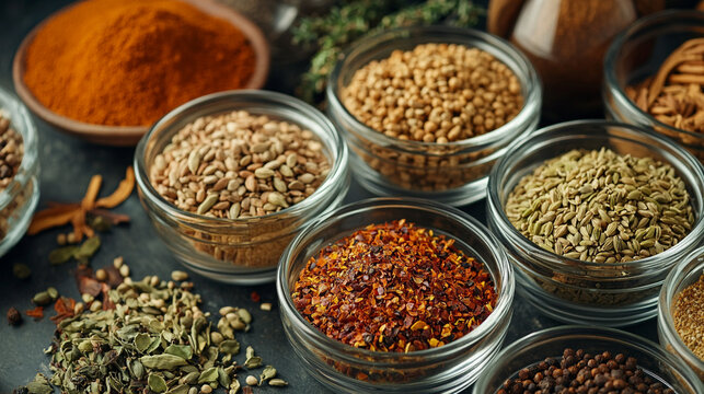 Assortment of aromatic spices and herbs in glass bowls red food diet brown green cumin flavor recipe