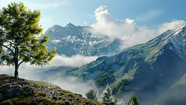 Panorama of a lonely tree in the Mountains Footage 4K