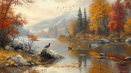 Serene Autumn Lake Landscape with Birds and Golden Trees