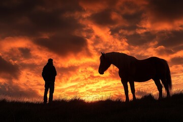 Fototapeta premium Silhouette of a person with a horse against a fiery sunset sky in a serene landscape