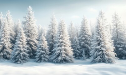 Fototapeta premium Snow-covered winter forest with frosted trees and serene atmosphere