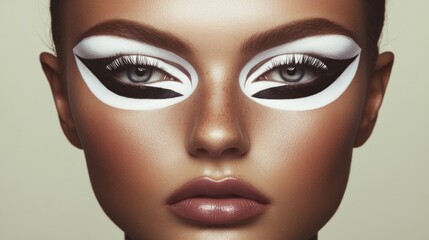 Bold makeup design emphasizes striking shapes around eyes, enhan