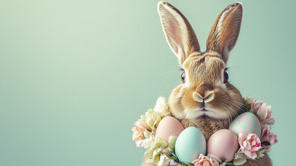 Obraz premium brown rabbit with fluffy fur holds pastel Easter eggs and flowers