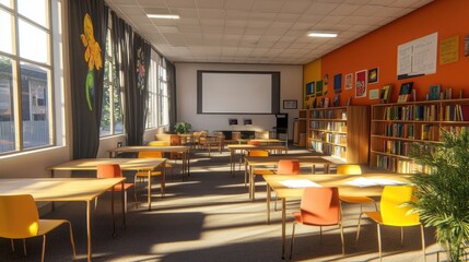D-rendered academic interior with bright study desks, bookshelves, a neat floor, and a projector