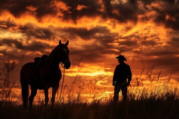 Cowboy silhouettes against a vibrant sunset while holding reins of a horse in an open field
