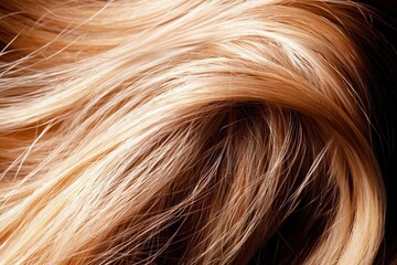 Fototapeta premium The background features a close-up of blond hair, with a focus on women's long, blonde hair, styled in beautiful, wavy, shiny curls, and showcasing hair coloring and hairdressing procedures like
