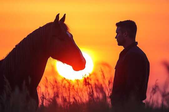 Horse and man silhouette at sunset creating a serene connection in a grassy field