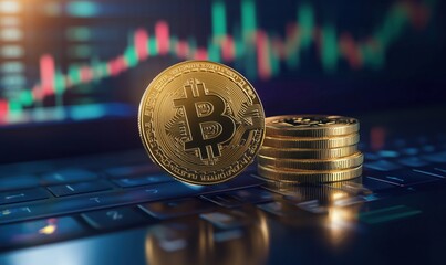 Bitcoin cryptocurrency coin on keyboard with financial charts in background