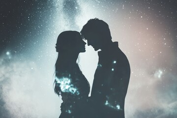 Silhouetted couple embracing under a starry night sky, symbolizing love and cosmic connection.