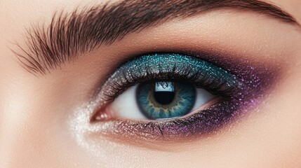 Intense close-up of eye showcasing shimmering makeup with vibran