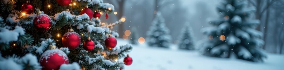 Snowy Christmas tree, red ornaments, gifts, winter scene, gift boxes, christmas background