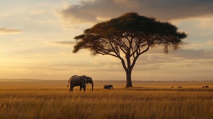 Fototapeta premium Earth day environmental idea. An elephant grazes peacefully beneath a tree on a golden savanna at sunset.