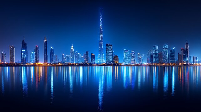 Dubai Skyline Night Reflection