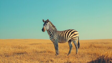 Naklejka premium Stripes in the Savannah: A Lone Zebra Under the Azure Sky