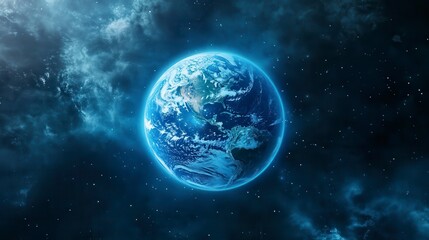 Obraz premium Glowing Blue Pixelated Earth in Dark Nebula Space