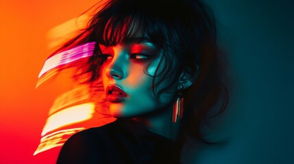 Fototapeta premium Woman with long dark hair and red lips is the main subject of the image. The photo is in black and white and has a surreal, dreamlike quality to it. The woman's face is the focal point of the image