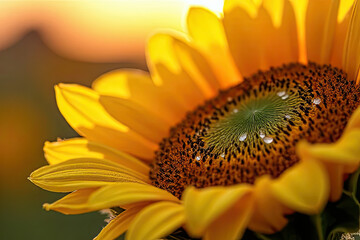 Close-Up of a Vibrant Sunflower in Golden Sunset Light, Warm and Glowing Petals with Soft Focus Background, Perfect for Nature, Summer, and Floral Aesthetic Photography