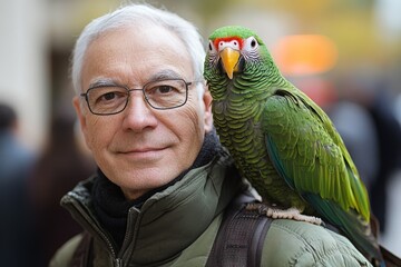 Man with a green parrot on his shoulder enjoying a bustling city atmosphere