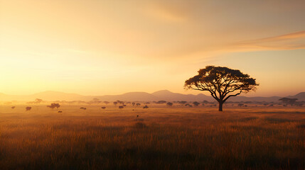 African Savanna Sunrise: Single Tree in Golden Hour Light