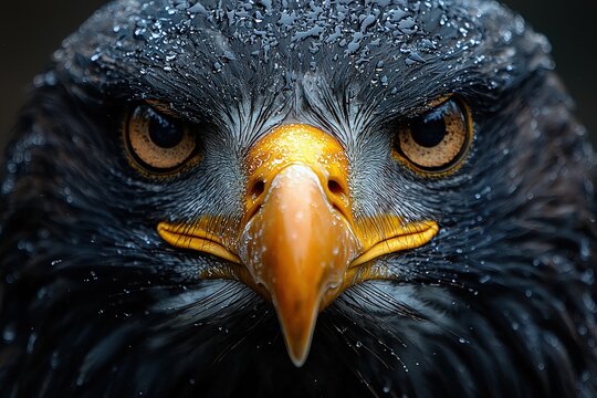 Majestic eagle displays striking gaze with droplets of water