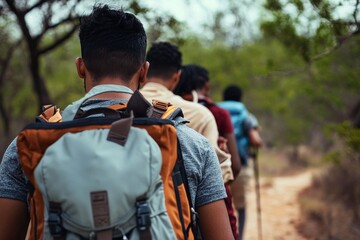 A diverse group of friends are having a great time hiking in the mountains