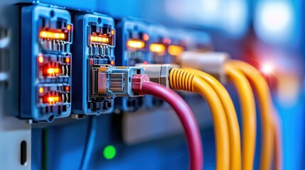 A close-up of network cables connected to routers, showcasing colorful Ethernet cables and illuminated ports, emphasizing technology and connectivity.