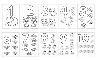 Black and white educational number posters for kids with cute animals. Printable coloring pages for learning numbers 1-10. Perfect for preschool and kindergarten activities
