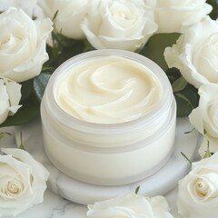 Cream jar surrounded by delicate white roses conveys purity and