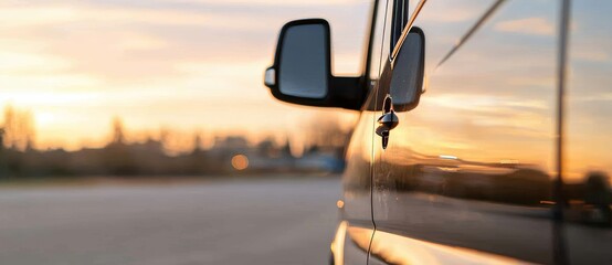 A car dealership features a lineup of many black luxury vans, with the tail lights captured up close against a beautiful sunset, offering commercial cargo transportation and VIP charter options with