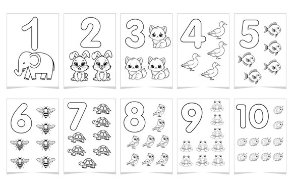Black and white educational number posters for kids with cute animals. Printable coloring pages for learning numbers 1-10. Perfect for preschool and kindergarten activities
