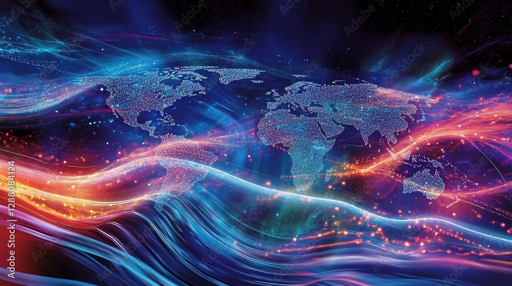 Poster global network: illuminated world map with energetic streams