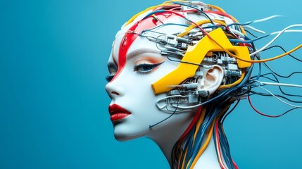 Woman with a face made of wires and wires. The wires are in different colors and are attached to her head. The woman's face is very detailed and looks like it is made of technology