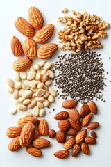 Variety of nuts and seeds are spread out on a white background