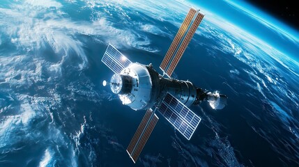 Obraz premium Satellite in Earth Orbit Night View of a Spacecraft above a Blue Planet