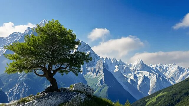 Panorama of a lonely tree in the Mountains Footage 4K