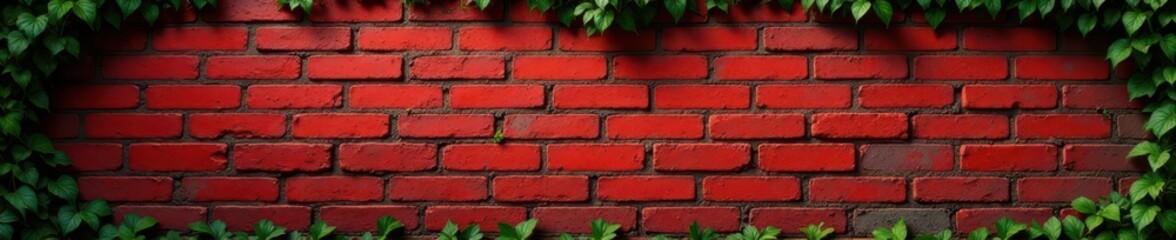 Obraz premium weathered red brick wall with aged mortar and ivy vines, outdoor background, vintage