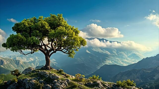 Panorama of a lonely tree in the Mountains Footage 4K
