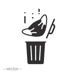 throw into an urn, end of quarantine and pandemic, discard medical mask in a trash bin icon, completed epidemic, flat vector illustration
