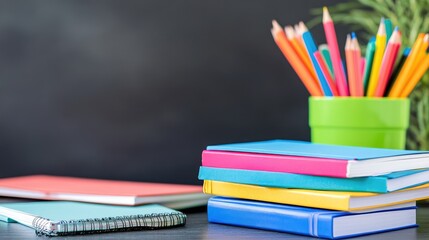 Fototapeta premium Books and notebooks neatly stacked on a desk, learning and education theme