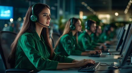 Dedicated support agents wearing headsets focus on their tasks in a contemporary office environment. The scene could be used for online training, gaming, customer service or a call center workspace.