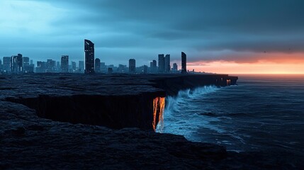 Obraz premium Ocean acidification concept. Dramatic coastal city skyline at dusk with dark clouds and ocean waves reflecting sunset.