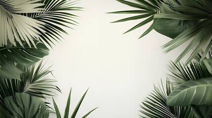 Green and White Tropical Leaves Frame on White Background