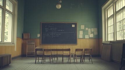 Classic empty schoolroom featuring wooden chairs and a blackboard, old-school vibe