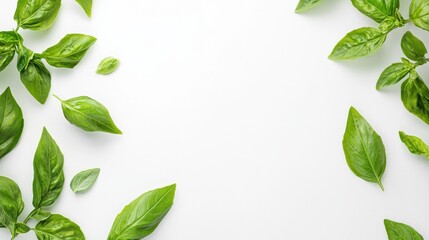 Fresh basil leaf isolated on white background with full depth of field. Top view with copy space for your text. Flat lay