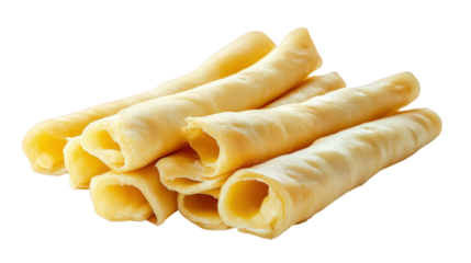 several rolled cheese sticks. neatly arranged in a stack their smooth. pale yellow surface suggests a soft texture. making them an appealing snack option these cheese sticks are often enjoyed as a tas