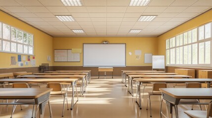 Classic high school classroom with wooden desks, a large whiteboard, and bright overhead lights, D-rendered