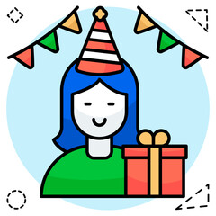 A flat design icon of birthday girl